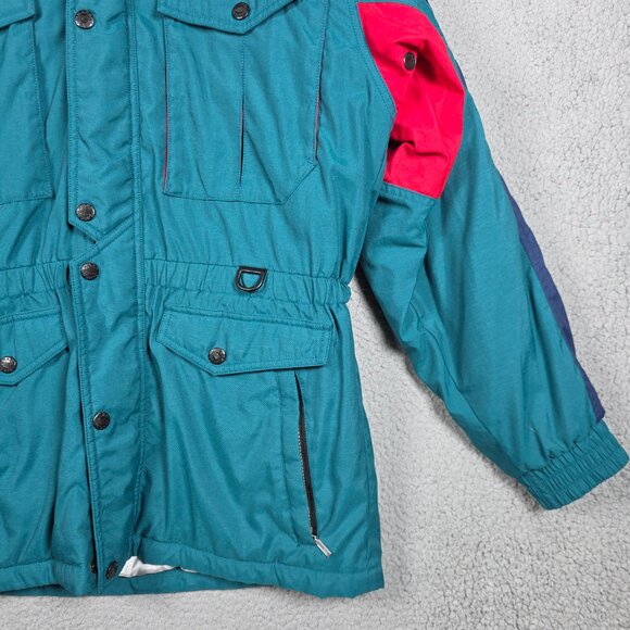Vintage Hard Corps Ski Jacket Mens Medium Blue Green 90s Color Block Hooded - Picture 3 of 11